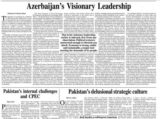 Lead Pakistan newspaper publishes article about Azerbaijan`s economic achievements 